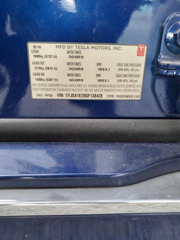 5YJSA1E20GF138428 - 2016 TESLA MODEL S ლურჯი ფოტო 12