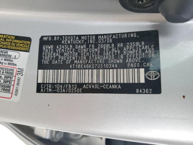 4T1BE46K07U510244 - 2007 TOYOTA CAMRY CE SILVER photo 12