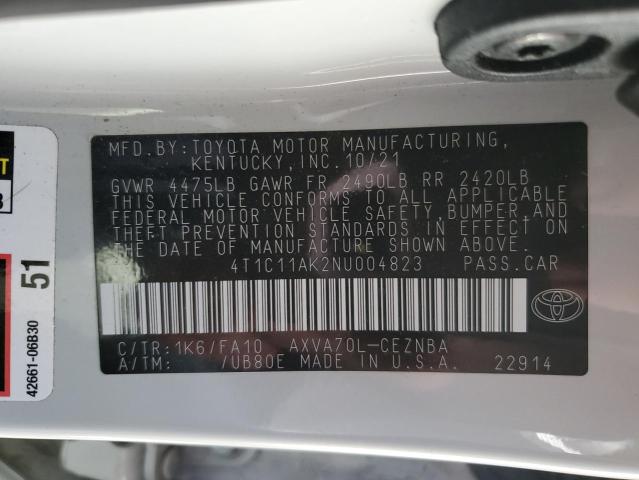 4T1C11AK2NU004823 - 2022 TOYOTA CAMRY LE WHITE photo 12