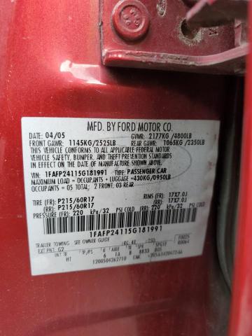 1FAFP24115G181991 - 2005 FORD FIVE HUNDR SEL RED photo 12