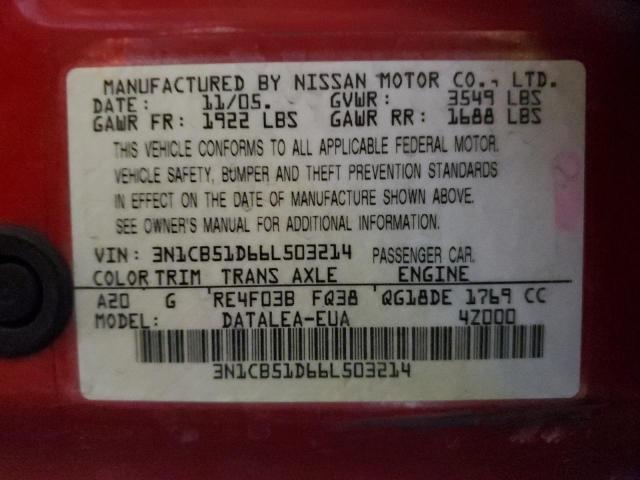 3N1CB51D66L503214 - 2006 NISSAN SENTRA 1.8 RED photo 12