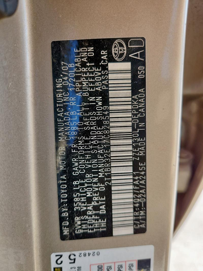 2T1BR32E17C828549 - 2007 TOYOTA COROLLA CE BEIGE photo 12