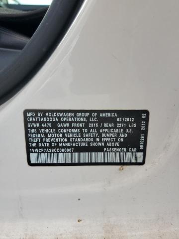 1VWCP7A38CC060067 - 2012 VOLKSWAGEN PASSAT SEL WHITE photo 12