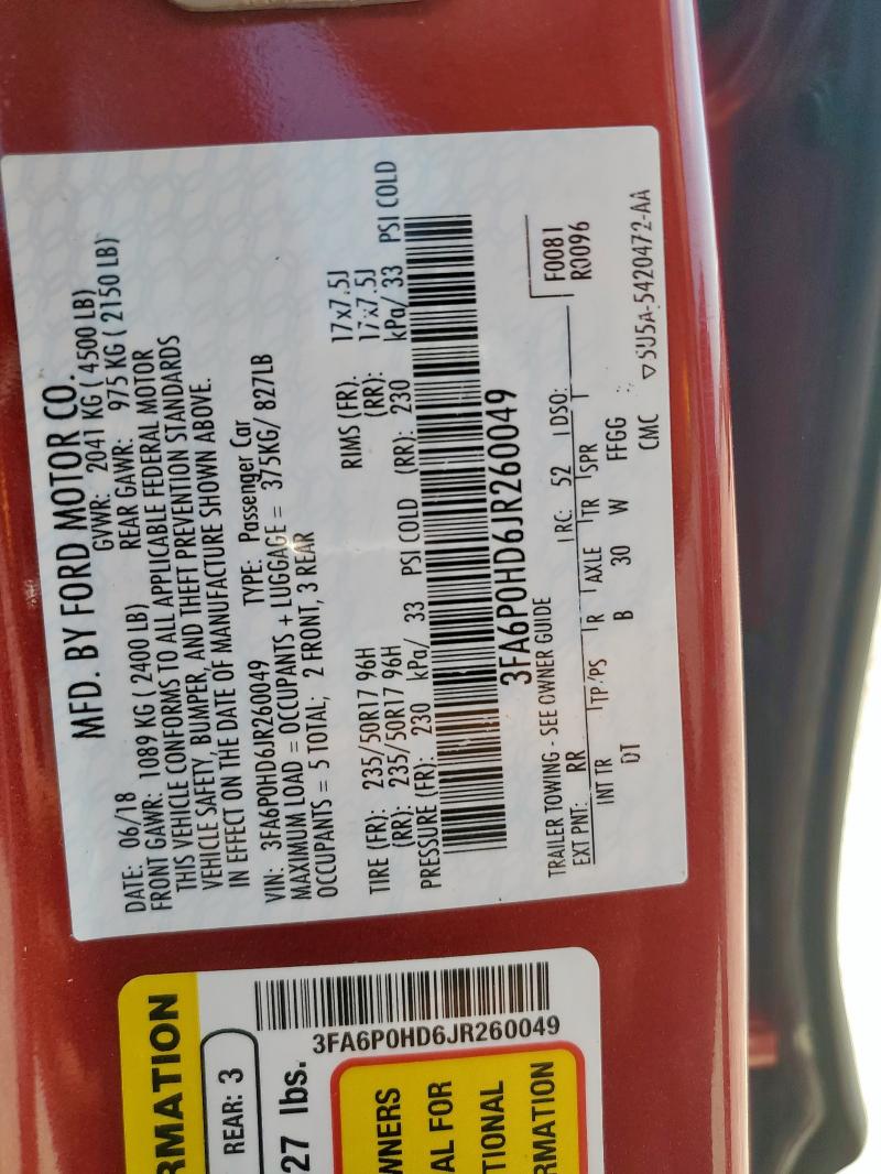 3FA6P0HD6JR260049 - 2018 FORD FUSION SE RED photo 12