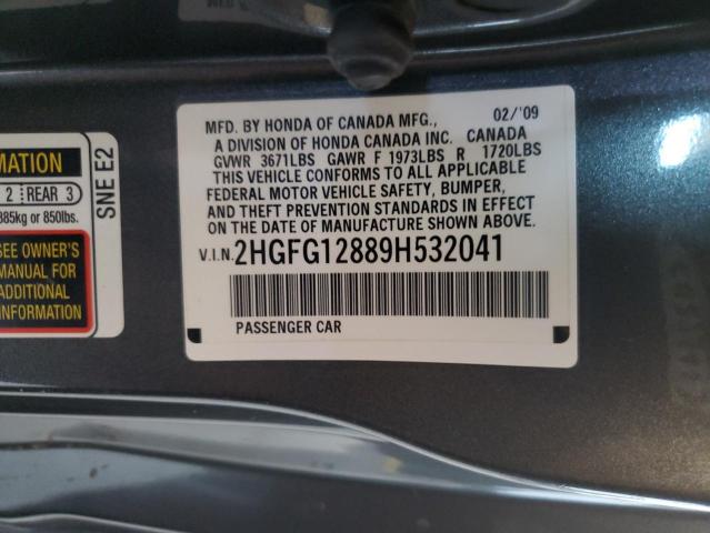 2HGFG12889H532041 - 2009 HONDA CIVIC EX GRAY photo 12