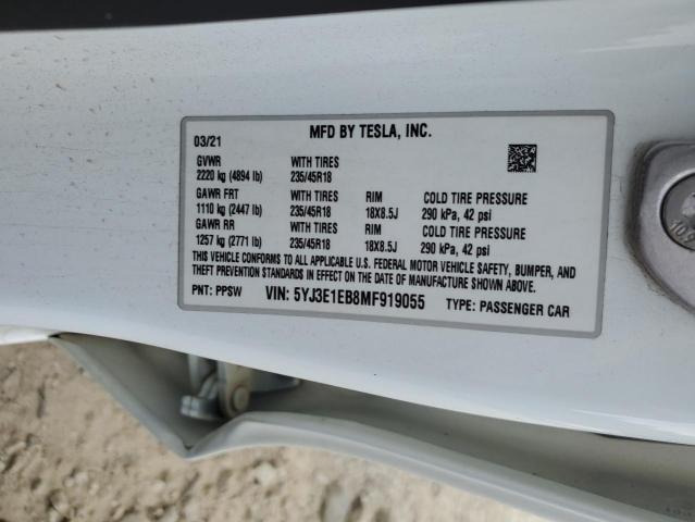 5YJ3E1EB8MF919055 - 2021 TESLA MODEL 3 თეთრი ფოტო 12
