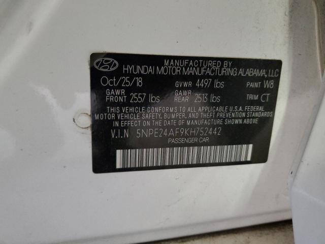 5NPE24AF9KH752442 - 2019 HYUNDAI SONATA SE WHITE photo 12