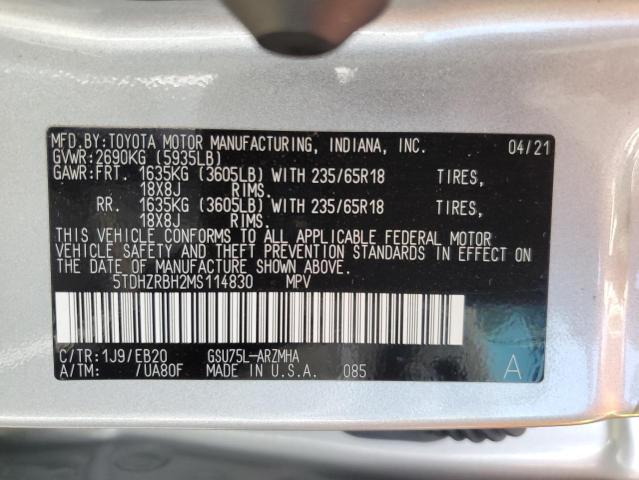 5TDHZRBH2MS114830 - 2021 TOYOTA HIGHLANDER XLE GRAY photo 13