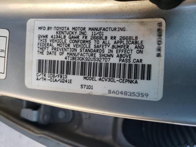 4T1BE30K92U532707 - 2002 TOYOTA CAMRY LE SILVER photo 12