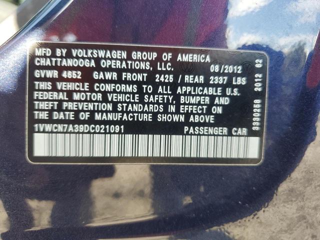 1VWCN7A39DC021091 - 2013 VOLKSWAGEN PASSAT SEL Azul foto 12