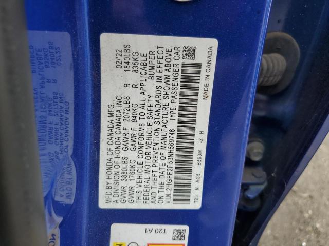 2HGFE2F53NH569746 - 2022 HONDA CIVIC SPORT Mavi foto 12