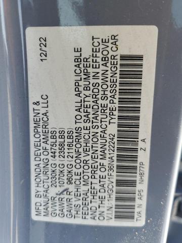 1HGCV1F36NA122242 - 2022 HONDA ACCORD SPORT 灰色 照片 12