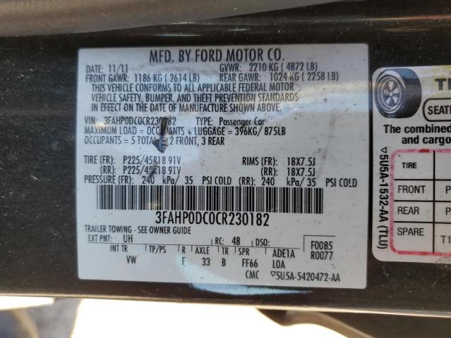 3FAHP0DC0CR230182 - 2012 FORD FUSION SPORT BLACK photo 12