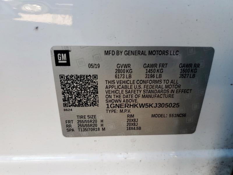1GNERHKW5KJ305025 - 2019 CHEVROLET TRAVERSE LT WHITE photo 14