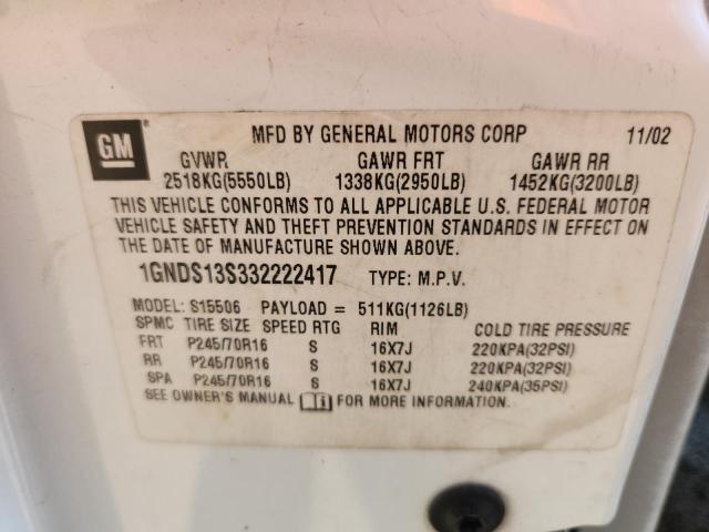 1GNDS13S332222417 - 2003 CHEVROLET TRAILBLAZE WHITE photo 13