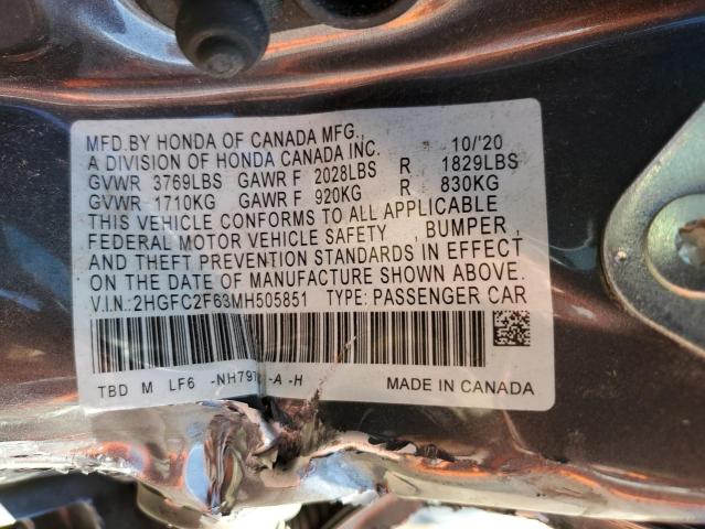 2HGFC2F63MH505851 - 2021 HONDA CIVIC LX 灰色 照片 12