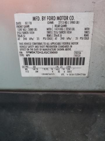 1FM5K7DH2JGC39000 - 2018 FORD EXPLORER XLT Argent photo 13