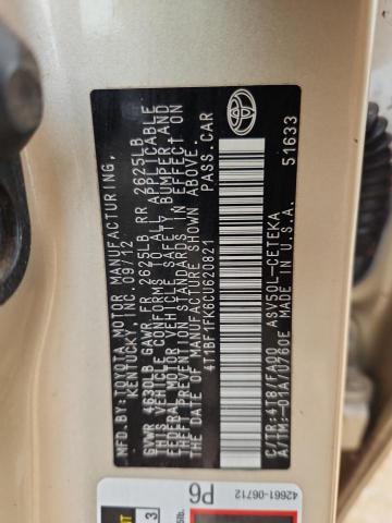 4T1BF1FK6CU620821 - 2012 TOYOTA CAMRY BASE 金色 照片 12