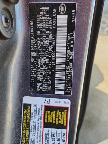 4T1BF1FK0CU099479 - 2012 TOYOTA CAMRY BASE GRAY photo 12