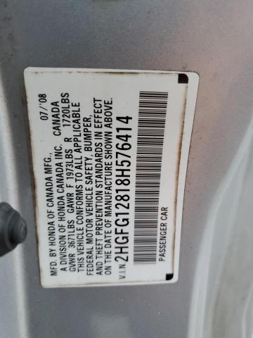 2HGFG12818H576414 - 2008 HONDA CIVIC EX SILVER photo 12