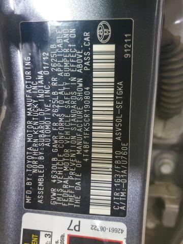 4T4BF1FK5CR190804 - 2012 TOYOTA CAMRY BASE CHARCOAL photo 13