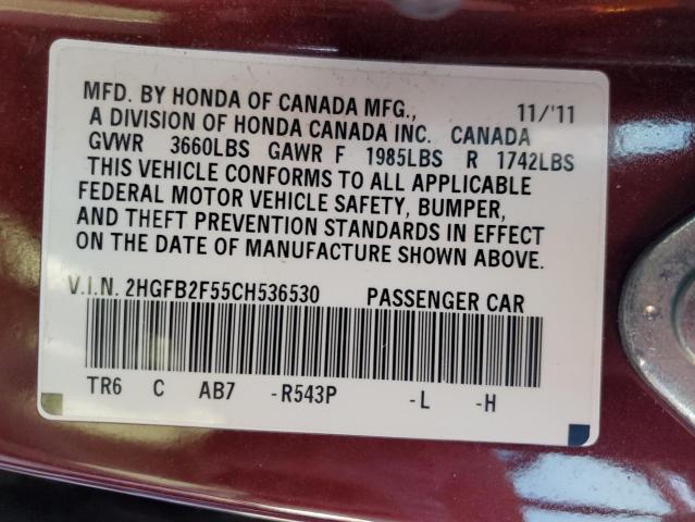 2HGFB2F55CH536530 - 2012 HONDA CIVIC LX BURGUNDY photo 12