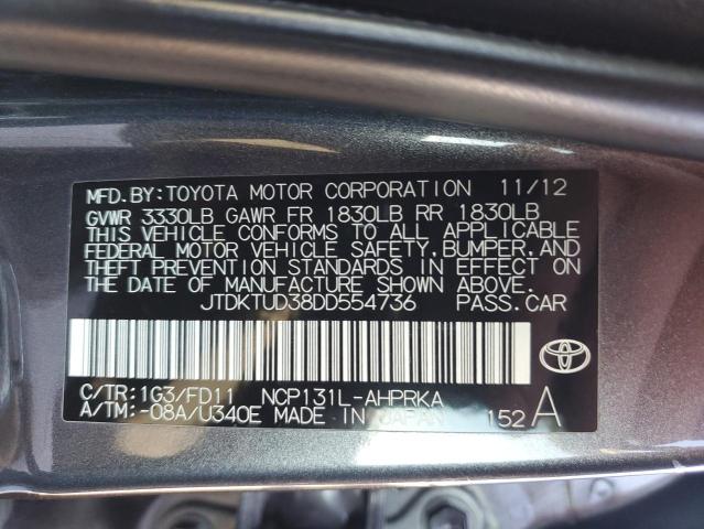 JTDKTUD38DD554736 - 2013 TOYOTA YARIS GRAY photo 12