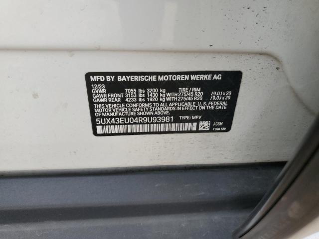 5UX43EU04R9U93981 - 2024 BMW X5 XDRIVE50E WHITE photo 12