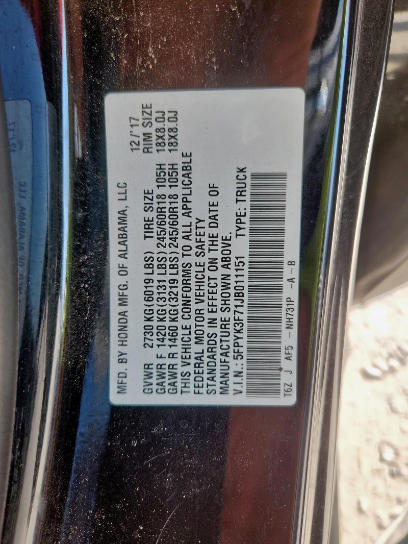5FPYK3F71JB011151 - 2018 HONDA RIDGELINE RTL Schwarz Foto 13