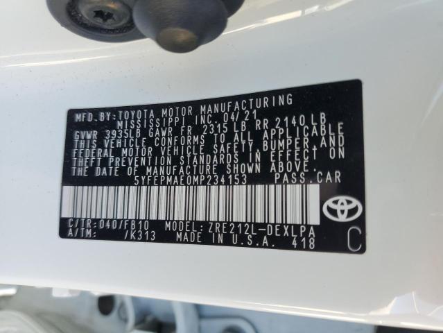 5YFEPMAE0MP234153 - 2021 TOYOTA COROLLA LE WHITE photo 12