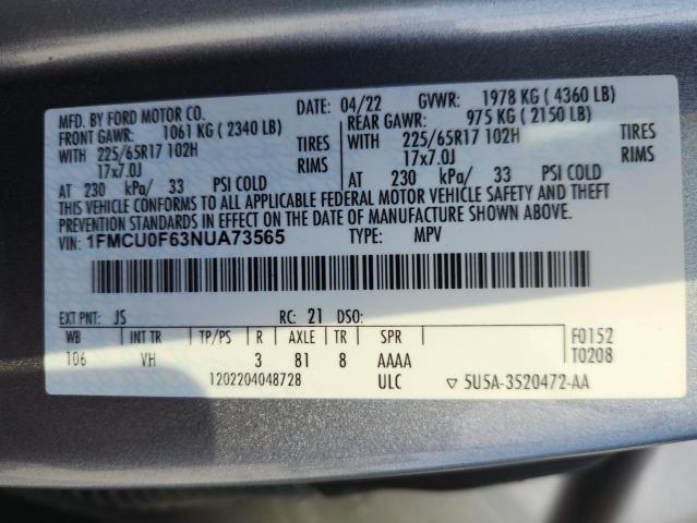 1FMCU0F63NUA73565 - 2022 FORD ESCAPE S 灰色 照片 12