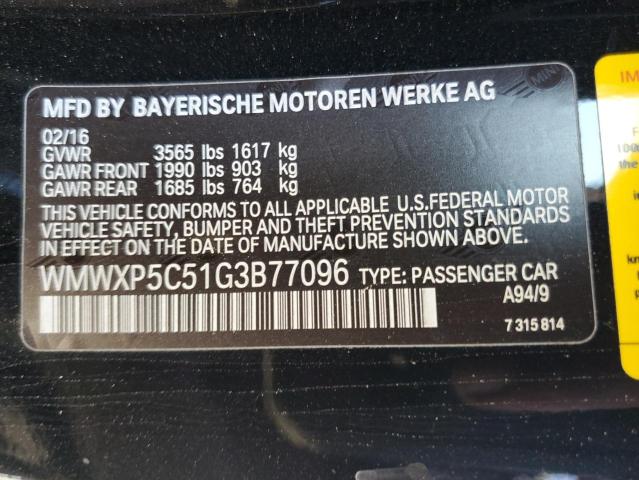 WMWXP5C51G3B77096 - 2016 MINI COOPER BLACK photo 12