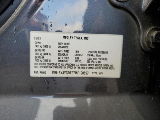 5YJYGDEE7MF190557 - 2021 TESLA MODEL Y GRAY photo 13