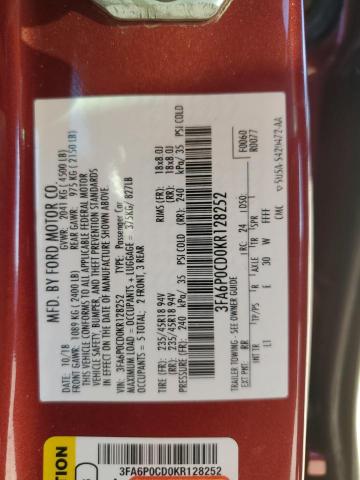 3FA6P0CD0KR128252 - 2019 FORD FUSION SEL RED photo 12