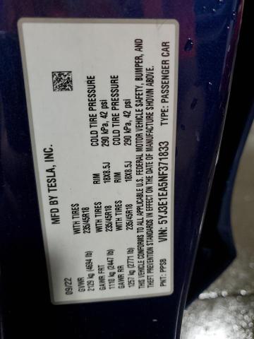 5YJ3E1EA5NF371833 - 2022 TESLA MODEL 3 BLUE photo 12