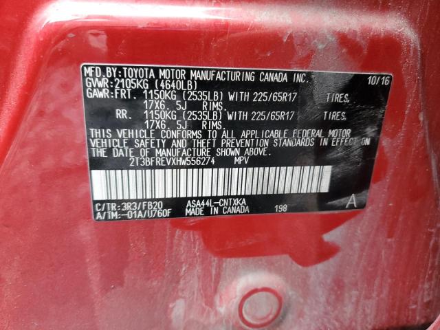 2T3BFREVXHW556274 - 2017 TOYOTA RAV4 LE BURGUNDY photo 13