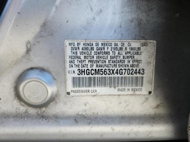 3HGCM563X4G702443 - 2004 HONDA ACCORD LX ვერცხლისფერი ფოტო 12