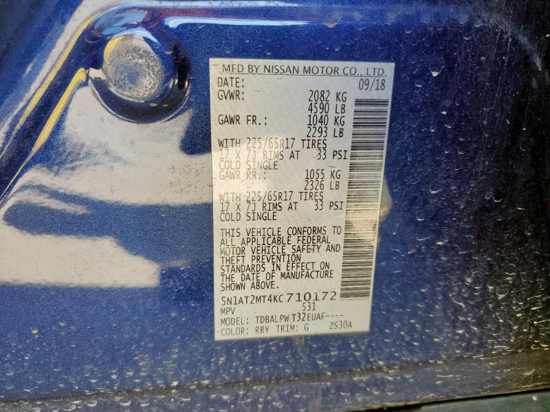 5N1AT2MT4KC710172 - 2019 NISSAN ROGUE S BLUE photo 13