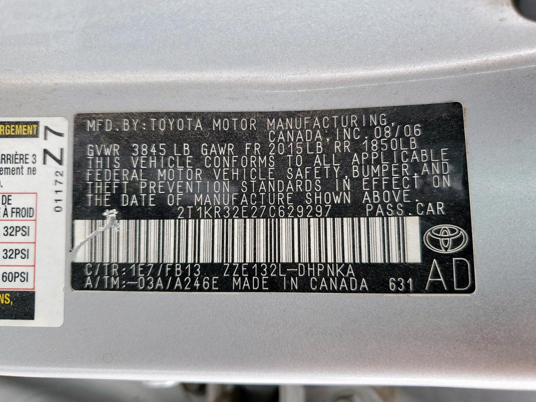 2T1KR32E27C629297 - 2007 TOYOTA COROLLA MA XR SILVER photo 12