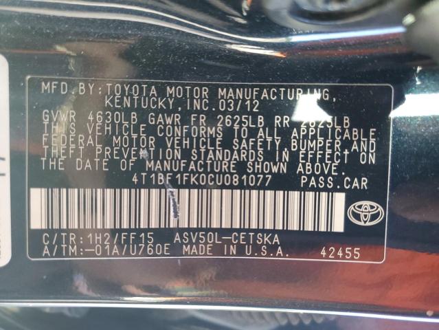 4T1BF1FK0CU081077 - 2012 TOYOTA CAMRY BASE Grafito foto 12