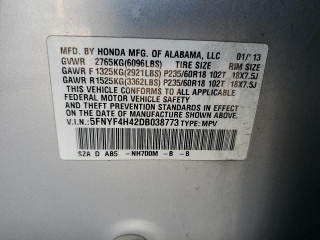 5FNYF4H42DB038773 - 2013 HONDA PILOT EX ვერცხლისფერი ფოტო 13