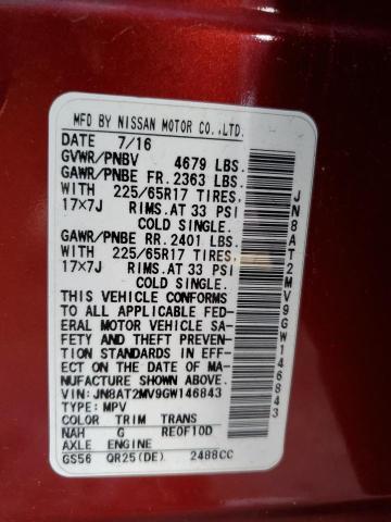 JN8AT2MV9GW146843 - 2016 NISSAN ROGUE S RED photo 12