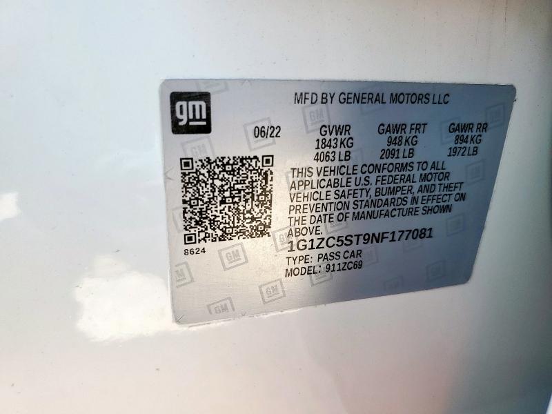 1G1ZC5ST9NF177081 - 2022 CHEVROLET MALIBU LS 白色 照片 12