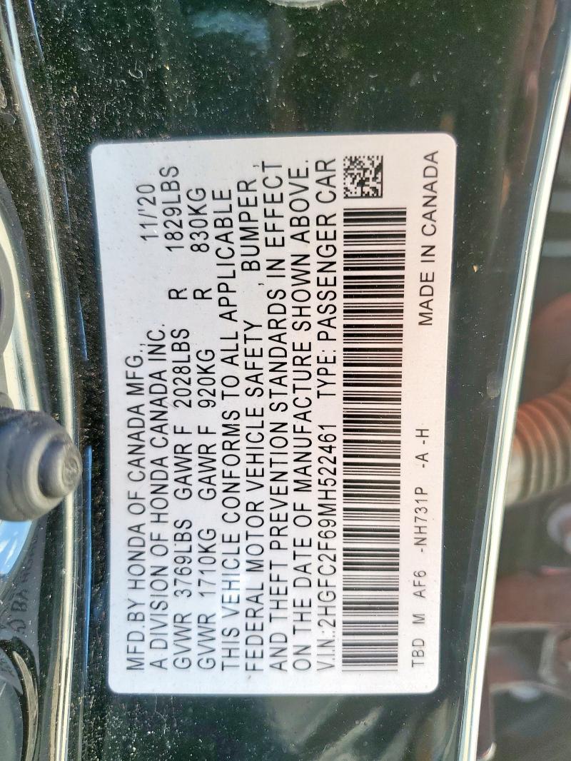 2HGFC2F69MH522461 - 2021 HONDA CIVIC LX შავი ფოტო 12