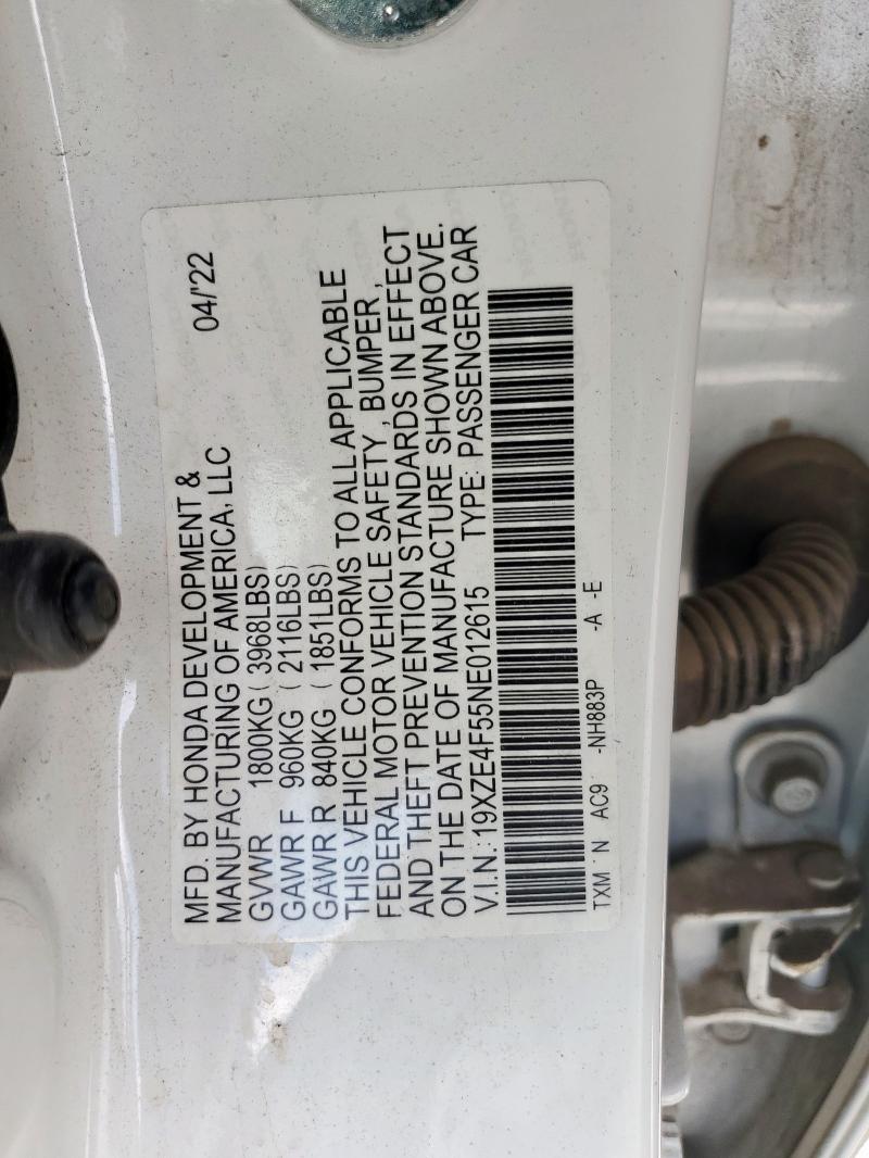 19XZE4F55NE012615 - 2022 HONDA INSIGHT EX WHITE photo 12