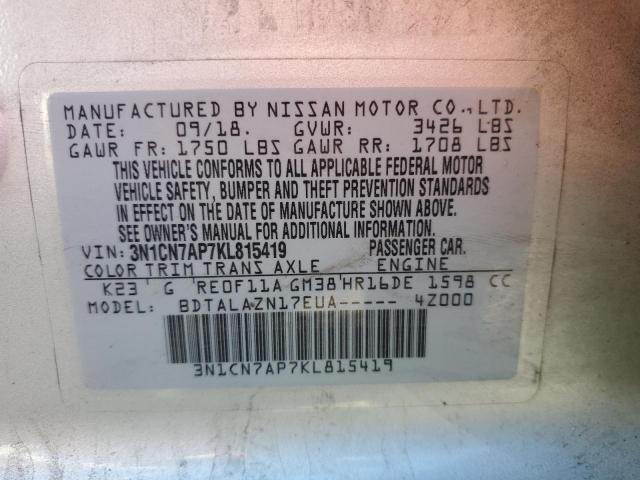 3N1CN7AP7KL815419 - 2019 NISSAN VERSA S Gümüş foto 12