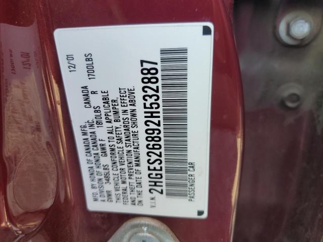 2HGES26892H532887 - 2002 HONDA CIVIC EX RED photo 12