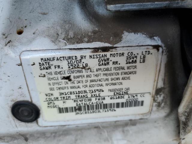 3N1CB51D03L715926 - 2003 NISSAN SENTRA XE WHITE photo 12