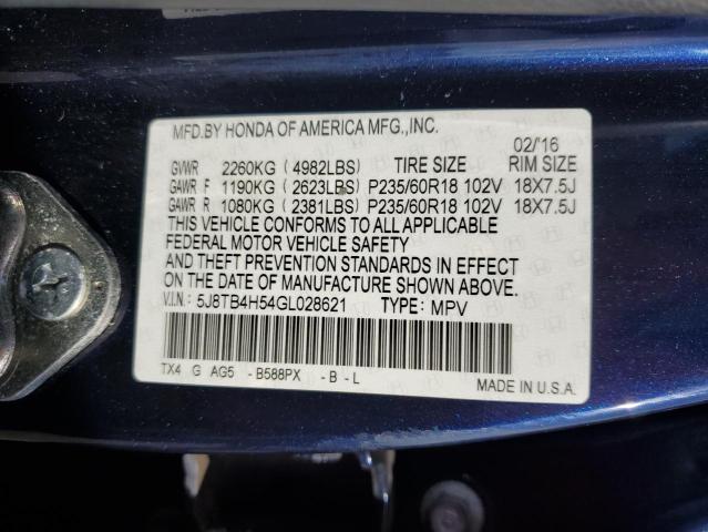 5J8TB4H54GL028621 - 2016 ACURA RDX TECHNOLOGY Կապույտ լուսանկար 12