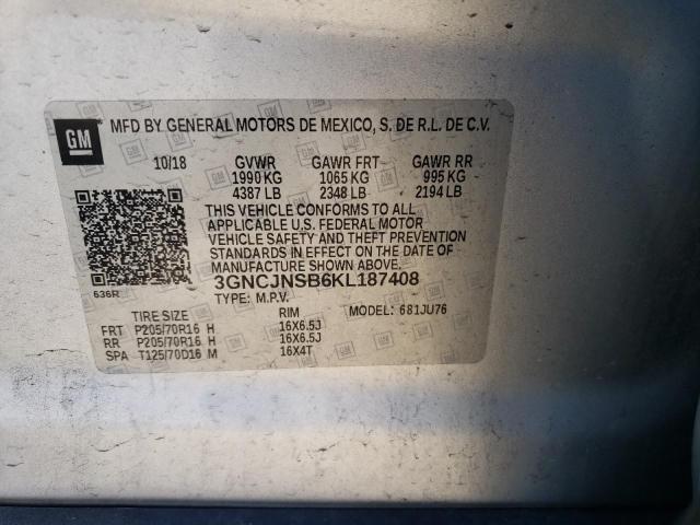 3GNCJNSB6KL187408 - 2019 CHEVROLET TRAX LS SILVER photo 13